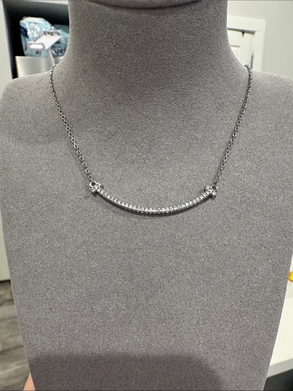 T Style Silver Tone Smile Bar Necklace with Sparkling Stones